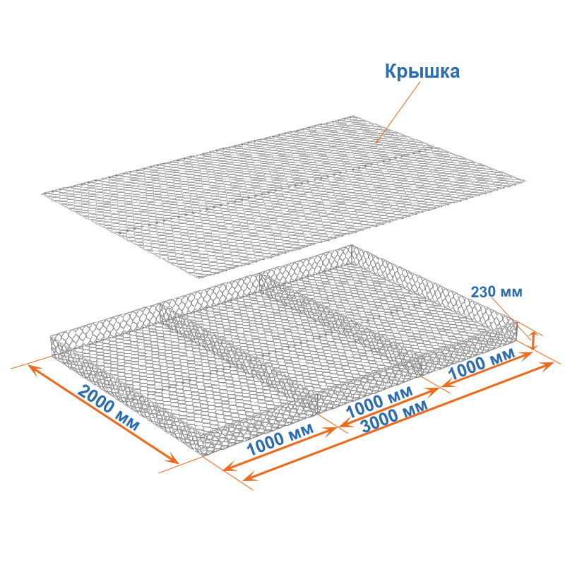 Габион матрац ГСИ-М 3х2х0,23 оцинкованный, Ø проволоки 2,2 мм, размер ячейки 6х8 см фото