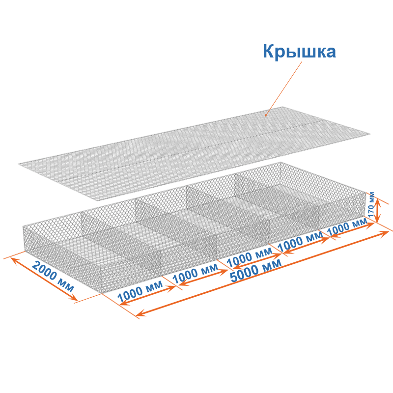Габион матрац ГСИ-М 5х2х0,17 оцинкованный / ЦП, Ø проволоки 2,4/3,4 мм, размер ячейки 6х8 см фото