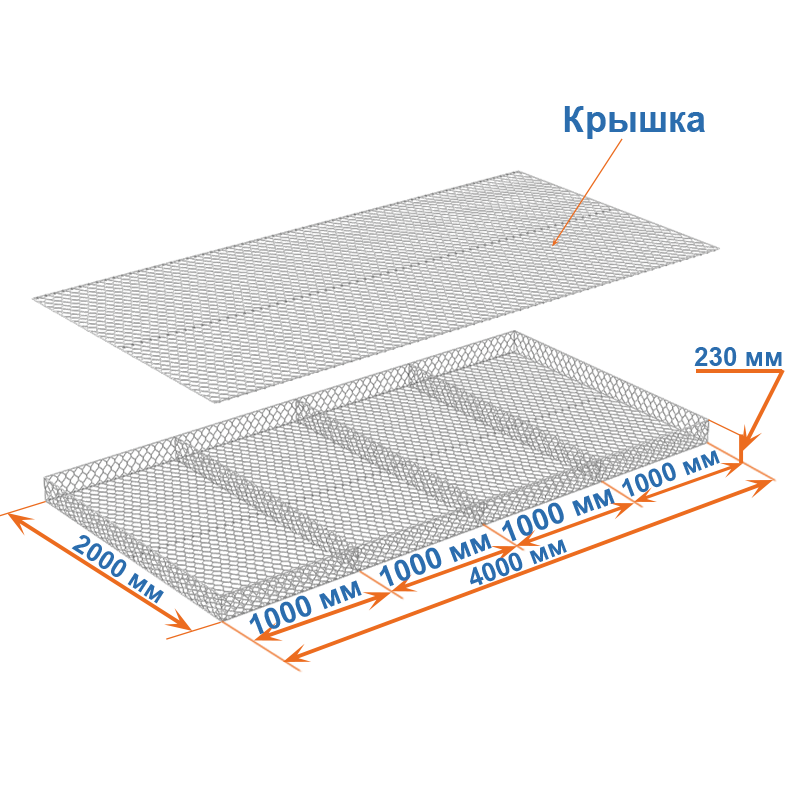 Габион матрац ГСИ-М 4х2х0,23 оцинкованный, Ø проволоки 3,0 мм, размер ячейки 8х10 см фото