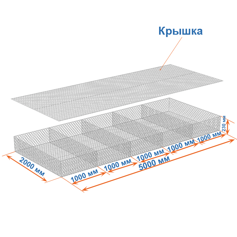 Габион матрац ГСИ-М 5х2х0,23 оцинкованный / ЦП, Ø проволоки 2,4/3,4 мм, размер ячейки 6х8 см фото